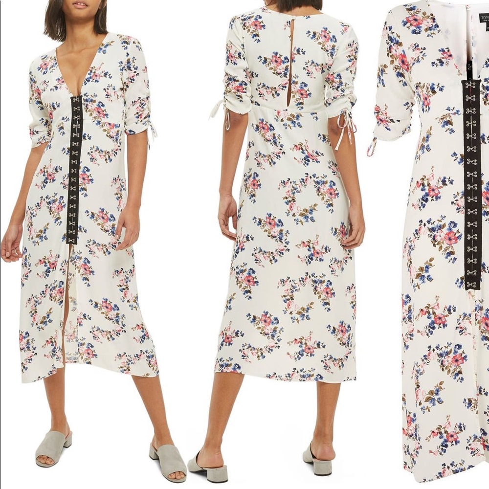 TopShop floral hook n eye midi open back dress